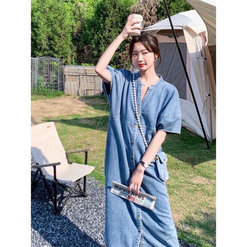 Denim Button Long Maxi Dress With Mini Phone Bags